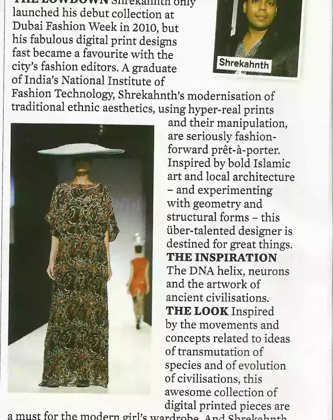 Shrekahnth’s runway design and profile featured in Masala! magazine highlighting his debut collection at Dubai Fashion Week